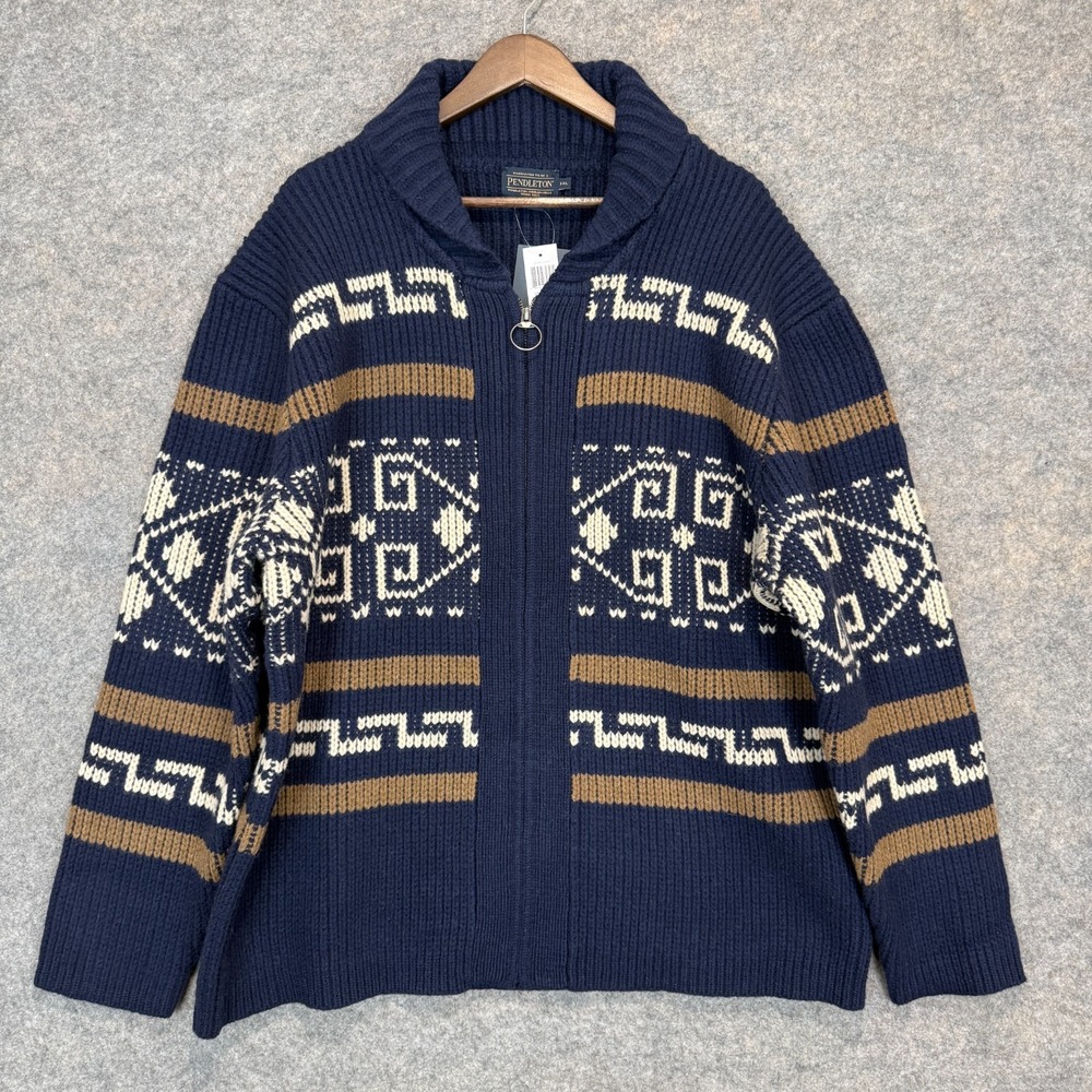 Pendleton Original Westerley 100% Lambs Wool Sweater Jacket Mens 2XL Shawl Navy